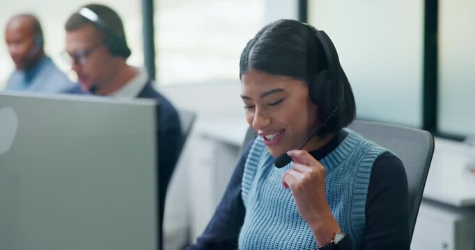 Call center, laughing and business woman in office for contact us, sale agent or consulting. Lead generation, crm consultant and smile with employee in coworking agency for promotion pitch and joke