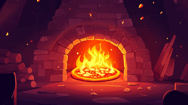 Cozy fireplace with a wood-fired pizza baking inside a glowing brick oven
