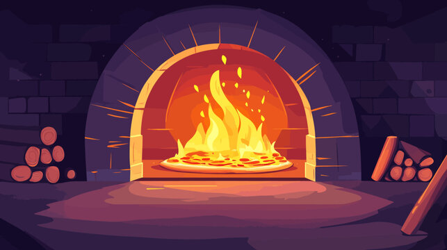 Warm cozy fireplace with pizza baking, surrounded by logs in dark brick setting