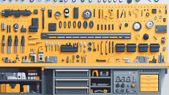 Organized workshop with tools on a yellow pegboard and cabinets