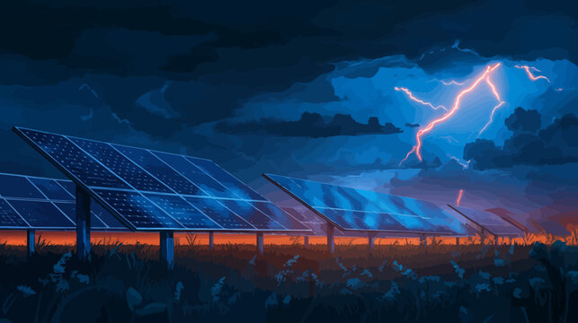 Solar panels under a stormy sky with lightning and dark clouds