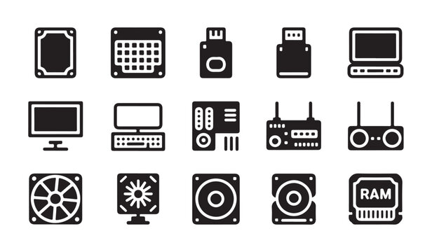 Computer internal hardware components and pc build parts silhouette icons for tech enthusiasts.