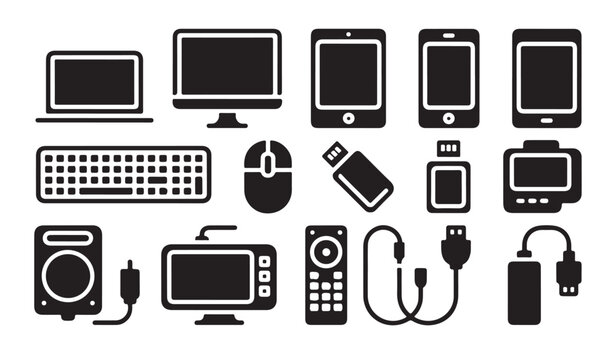 Computer hardware icons set including laptop monitor tablet smartphone keyboard mouse camera.