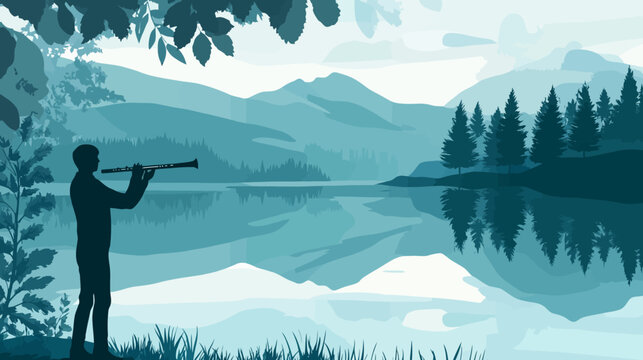 silhouette of a person holding a telescope by a serene lake with mountains