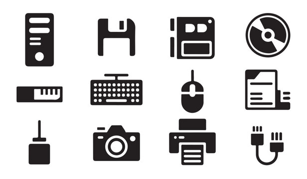 Computer hardware icons set including tower floppy disk keyboard mouse printer and camera.