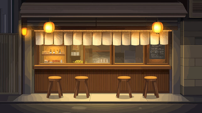 Cozy Japanese-style outdoor eatery with warm lighting and stools