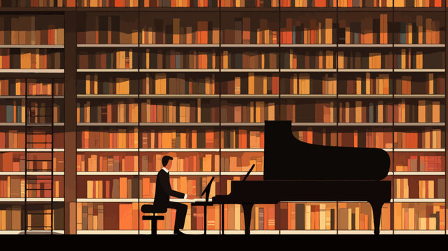 Person playing grand piano in library with filled shelves