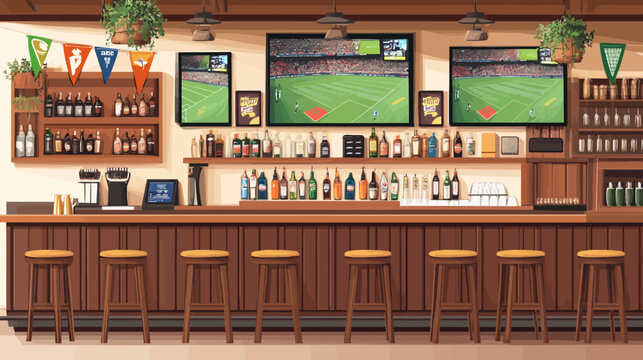 Cozy bar interior with sports viewing area, wooden counter, stools, multiple TVs showing a game, shelves with bottles, plants, and banners
