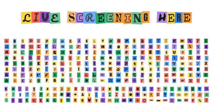 LIVE SCREENING HERE ransom note alphabet letters numbers and symbols for creative typography design projects and movie posters