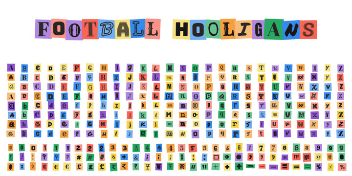 Football Hooligans Ransom Note Alphabet, Cut Out Magazine Letters and Numbers for Crime Thriller Graphic Design Projects