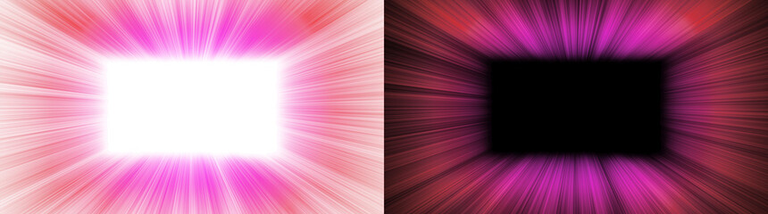 Pink and red light rays radiating from a central frame with copy space on transparent and black background, isolated radial burst overlay element © imak