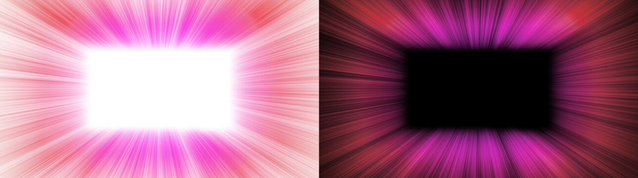 Pink and red light rays radiating from a central frame with copy space on transparent and black background, isolated radial burst overlay element
