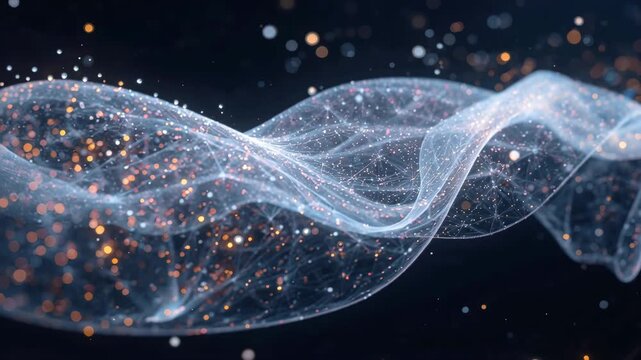 Ethereal data wave particle network node abstract light flow with glowing particles and digital mesh