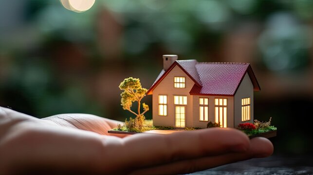 A hand holding a small model house with a red roof and white walls, placed on a wooden surface with a blurred green background.