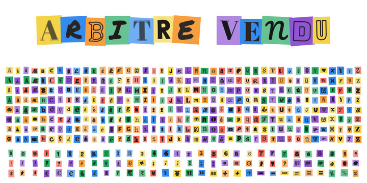 ARBITRE VENDU, alphabet style lettre de rancon, typographie decoupee dans des magazines, design pour sport et polemique