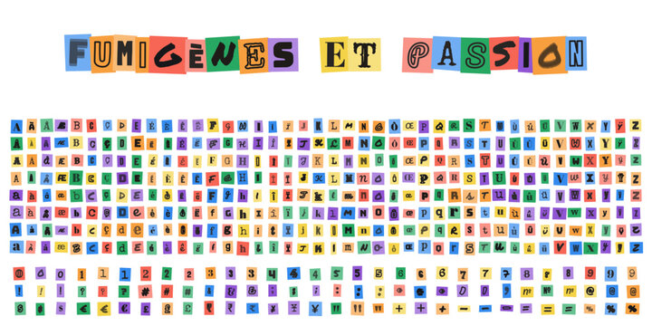 FUMIGENES ET PASSION, alphabet style lettre de menace, typographie decoupee pour design graphique, style ransom note, collage papier