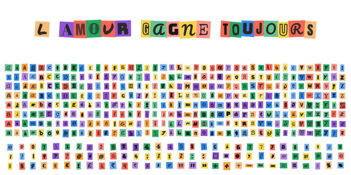 L'AMOUR GAGNE TOUJOURS alphabet de style lettre de rancon decoupee pour design graphique creatif et typographie personnalisee