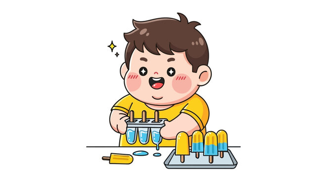 Happy cartoon boy conducting colorful science experiment indoors.