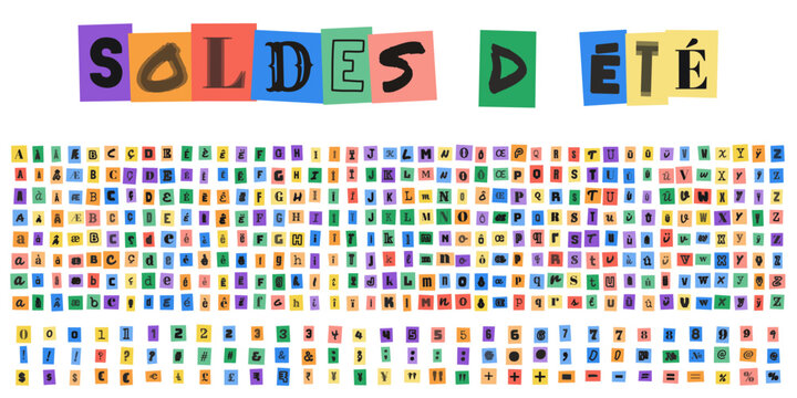 SOLDES D ETE alphabet style lettre anonyme pour design graphique et typographie creative pour affiches promotionnelles et banni&egrave;res web