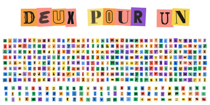 DEUX POUR UN alphabet style lettre de rancon decoupee pour design graphique creatif et typographie originale pour affiches