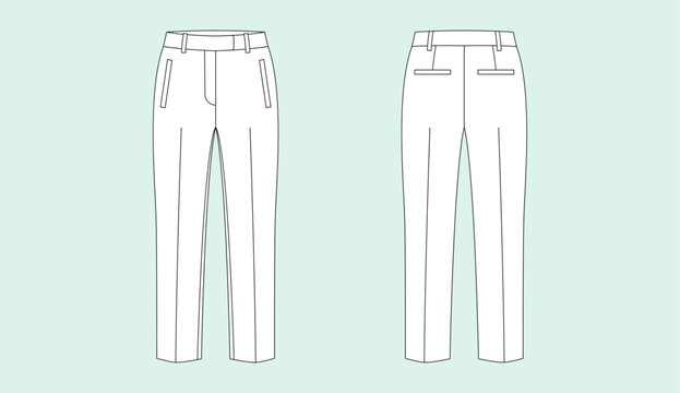 Women trousers vector fashion technical sketch showing front and back view of classic tailored pants design