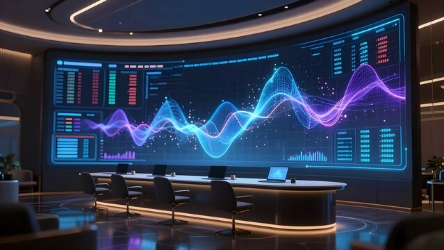 Abstract futuristic trading system displaying blue purple financial growth