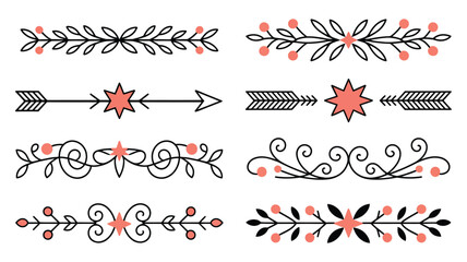 Decorative floral and botanical elements with leaves branches and berry motifs designed as dividers arrows and frames in modern elegant © MUNNU