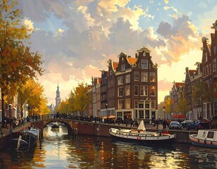 Fototapeta premium A serene canal scene with boats and buildings