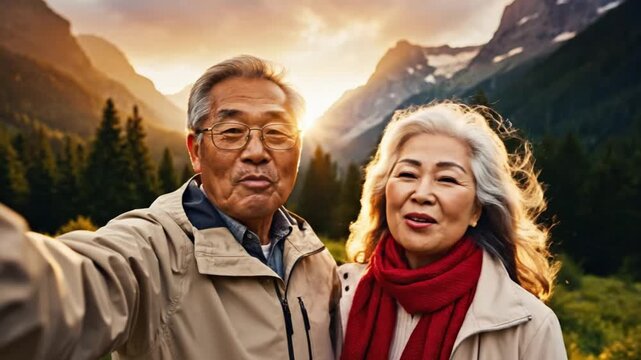 Beautiful cinematic selfie vlog scene of an elderly man filming himself together with his smiling white haired wife during a relaxing outdoor journey through majestic mountain scenery and lush green f
