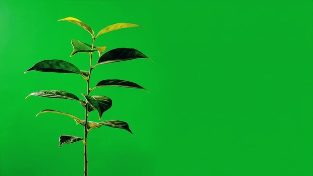 A young green plant with multiple leaves stands against a bright green background, showcasing growth and nature.
