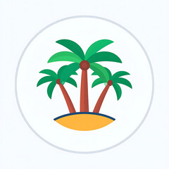 Obraz premium Isolated tropical island with three palm trees, beach, and ocean horizon, flat vector illustration