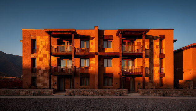  Modernized adobe and timber boutique hotel facade during golden hour
