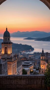 view of the cathedral of st peter in rome"Stunning European city view with historic tower and sea bay framed by stone archway at sunset"