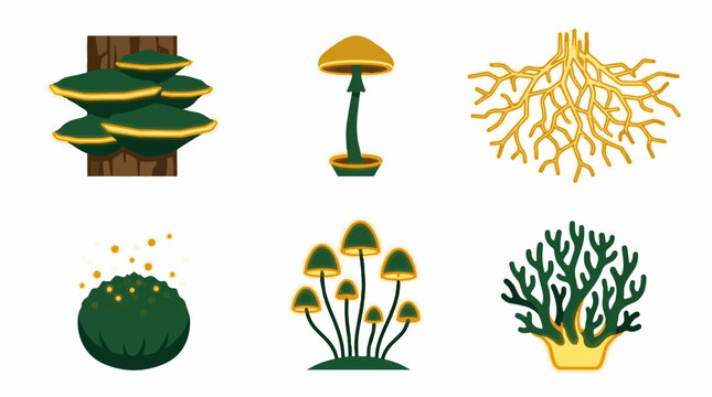 A collection of stylized glowing fantasy fungi, roots, and moss vector illustration set featuring various magical forest elements on a clean white background