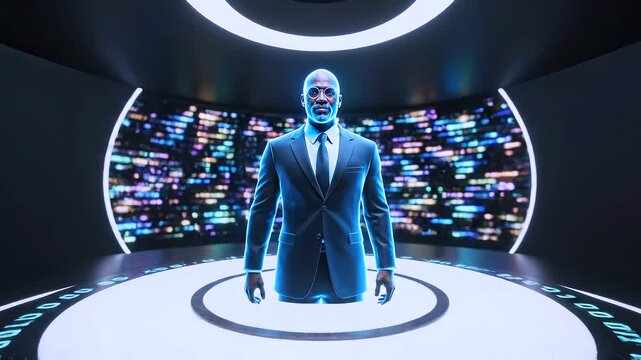 Executive emerging from data portal on holographic console, warpspeed data tunnel opens into circular studio, multicolor pixel wall surrounds platform, commanding presenter gestures