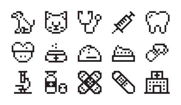 Pixel art veterinary medicine icon set featuring pets medical tools and clinical symbols.