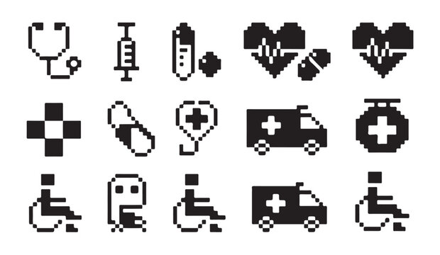 Set of 15 pixelated medical icons including stethoscope, syringe, and ambulance.
