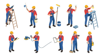 Fototapeta premium Construction workers performing various tasks isometric vector illustration