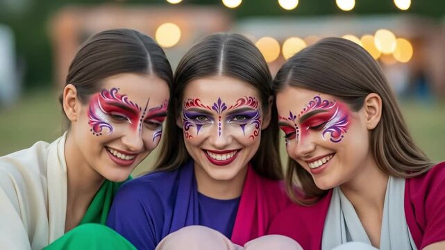 Three young women with artistic face paint smiling together outdoors, creative makeup concept for festival celebration, beauty portrait of friends with colorful designs