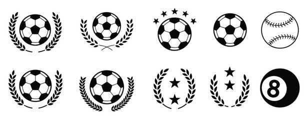 Football soccer shield crest and trophy cup collection with sports championship emblems golden laurel wreaths crown elements ball icons lion mascot banners and winner star badges vector designs © MUNNA
