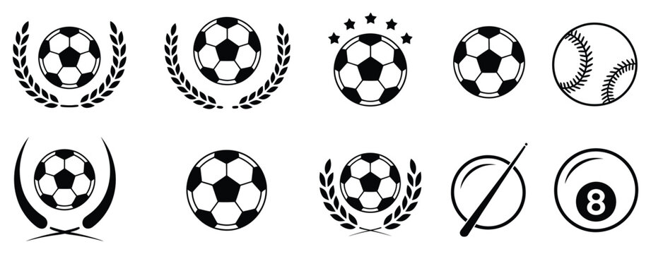 Football soccer shield crest and trophy cup collection featuring golden laurel wreath crown ball icons lion mascot emblem banner ribbons winner star symbols