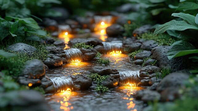 Softly glowing candlelit stones line a damp garden path surrounded by lush foliage and murmuring water