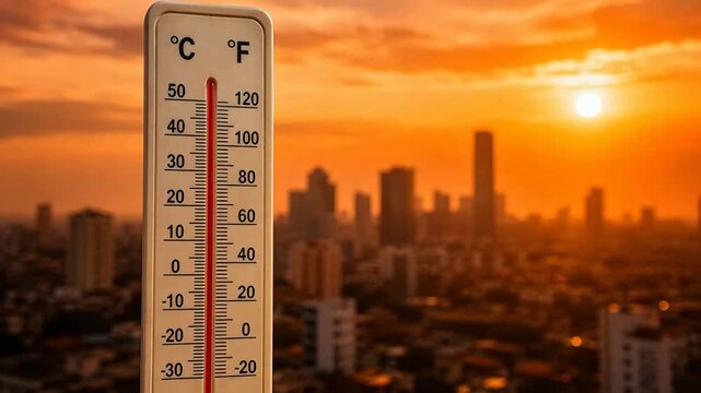 Thermometer rising against sunset city skyline in intense summer heat