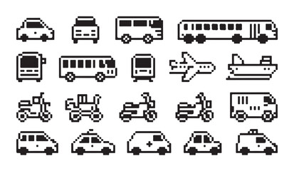Pixel art vehicles set featuring cars, buses, trains, airplanes, and motorcycles. © MD.RAHIM