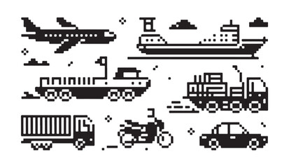 Obraz premium Pixel art transportation vehicles including airplane, ship, trucks, motorcycle, car.