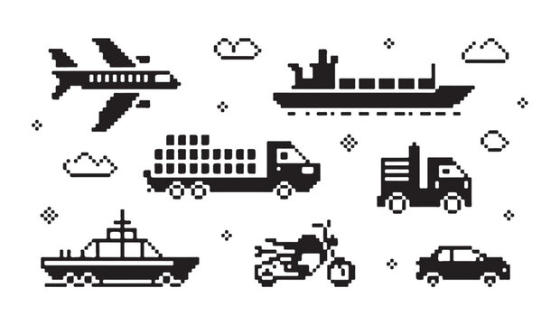 Pixel art transportation modes airplane, cargo ship, trucks, boat, motorcycle, car.