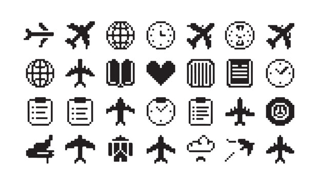 Airport and travel planning pixel art icon set with clocks globes and airplane symbols.