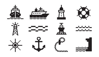 Nautical themed pixel art icon set showcasing ships anchors and maritime navigation aids. © MD.RAHIM