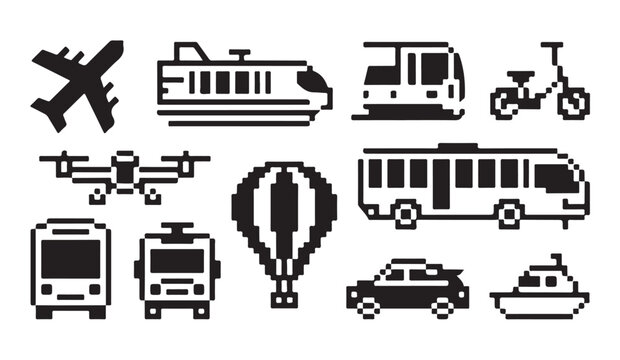 Pixel art transport vehicles icons airplane train bus car and drone vector.