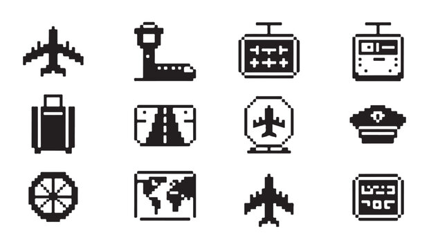 Set of pixel art aviation icons representing planes airport terminals and travel routes.